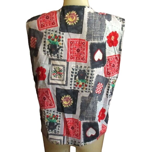 Large Vintage Cactus Flower Sleeveless Button-Up Blouse Patchwork & Floral Print - Picture 2 of 5